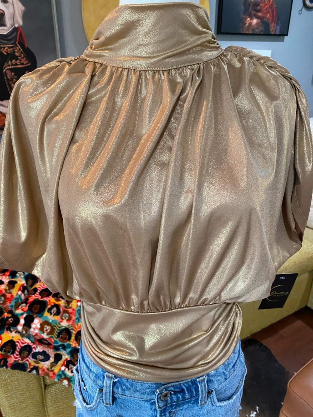 Women's Shimmery Gold High-Neck Blouson Top GLAM